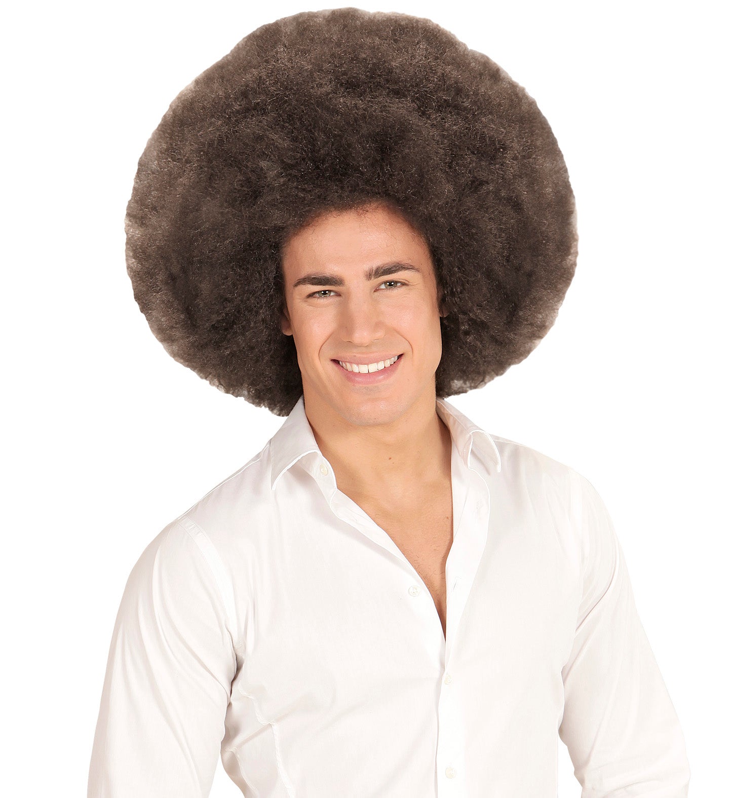 Unisex coffee brown giant afro wig for 70s disco parties.