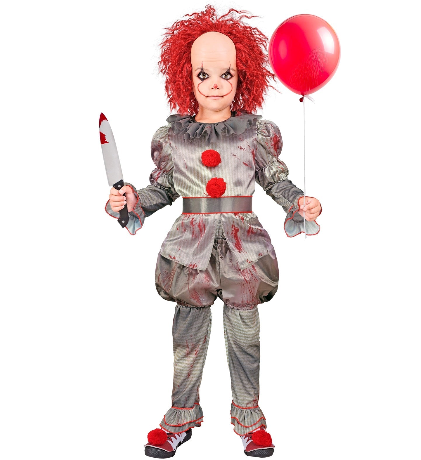 Buntes Horrorclown-Kostüm für Kinder mit Shirt, Hose, Shorts und Gürtel in unheimlichem Design.