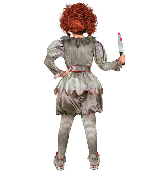 Vierteiliges Kinderkostüm als gruseliger Horrorclown in bunten Farben mit auffälligem Kragen.