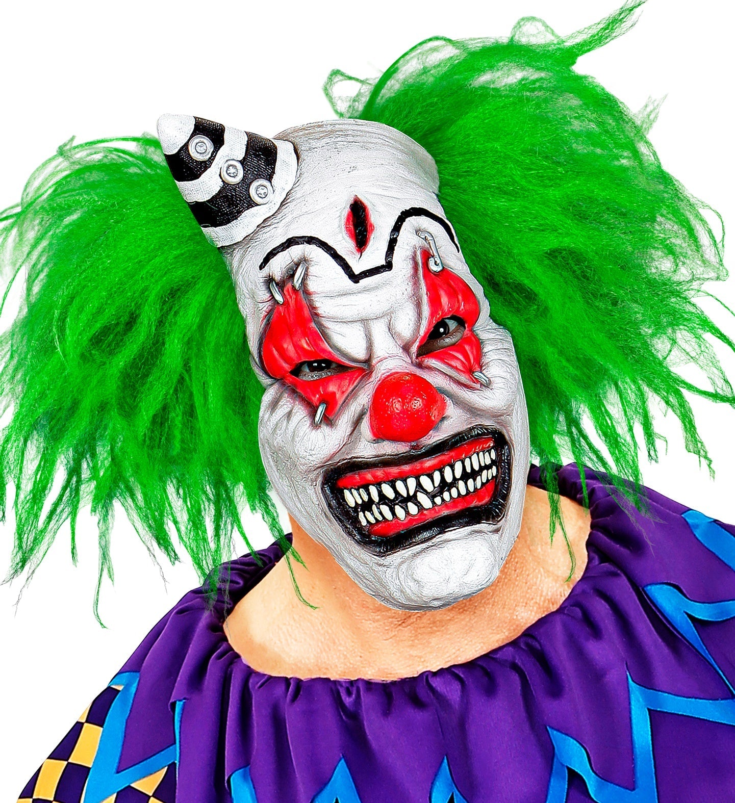 Vollgesichts-Latexmaske Killer Clown mit Haaren und kleinem Hut für Erwachsene in Rot und Weiß.
