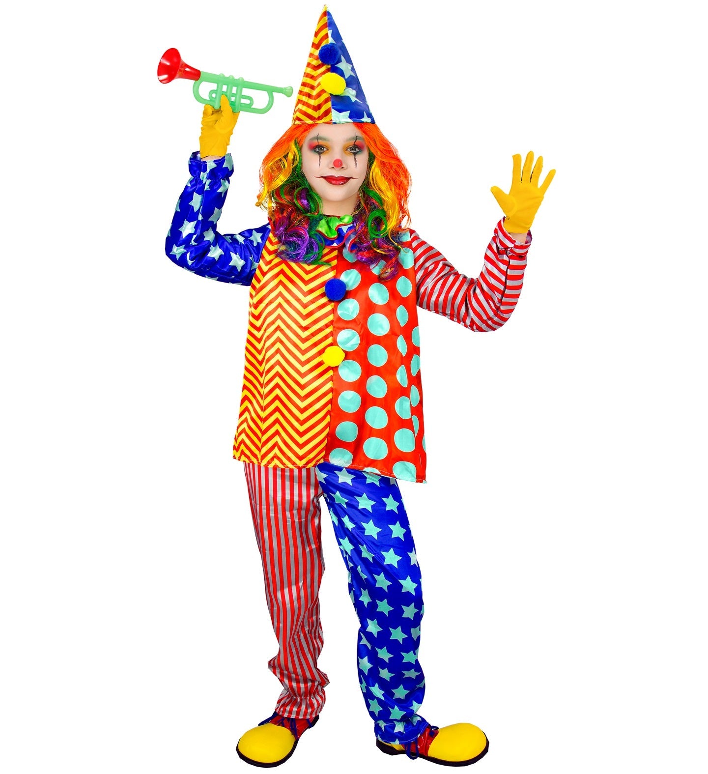 Buntes Clownkostüm für Kinder mit Oberteil, Hose und Hut in Blau, Orange, Rot und Weiß.