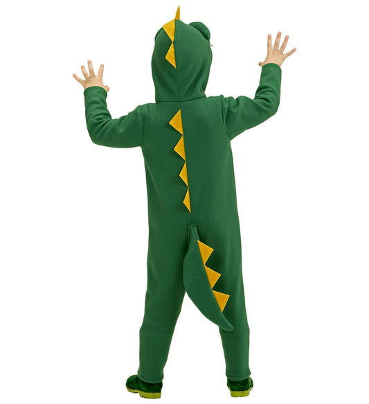 Grüner Plüsch-Drachenkostüm-Overall mit Kapuze und Ohren für Kinder, bequem und weich.