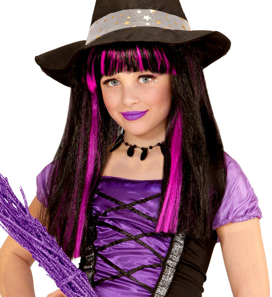 Kinder-Hexenperücke mit schwarzem und lila Kunsthaar, leicht und atmungsaktiv gestaltet