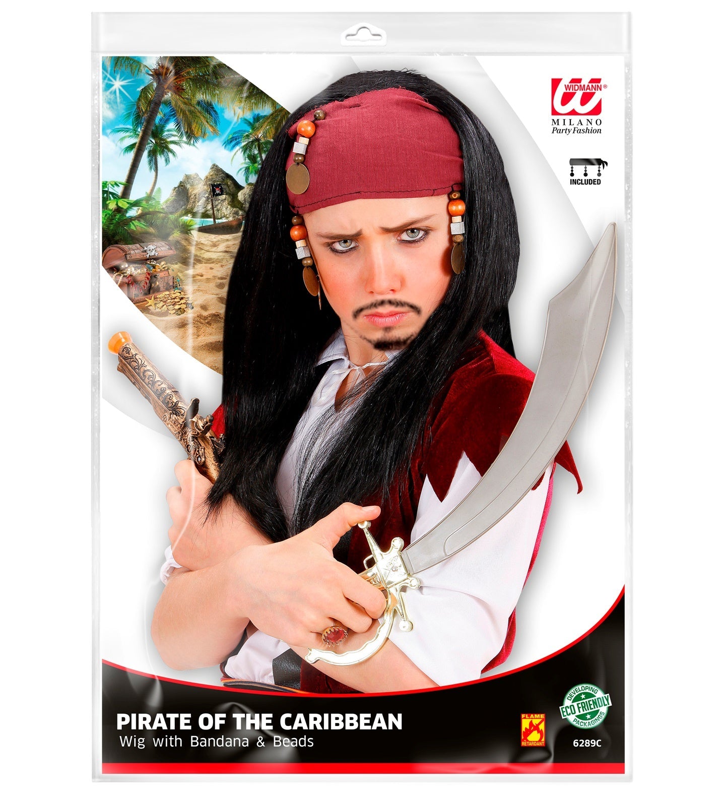 Kids' pirate wig with red bandana and pearl strands on white package.