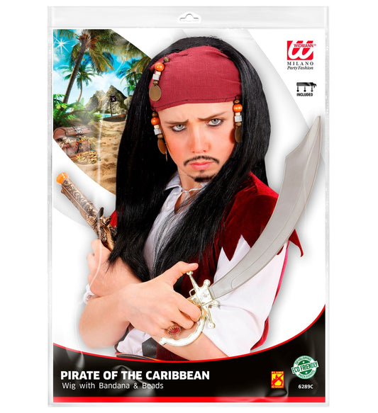 Kids' pirate wig with red bandana and pearl strands on white package.