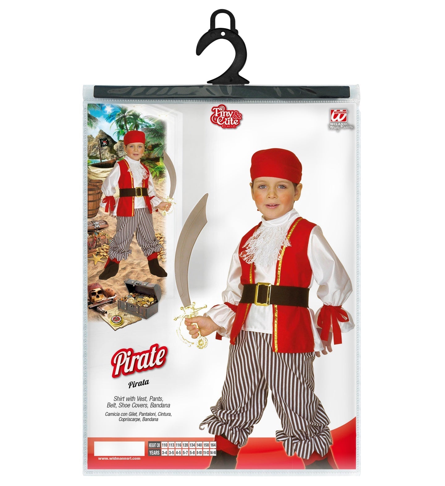 Piratenkostümset für Kinder mit Hemd, Weste, Hose, Gürtel, Stiefelüberzügen und Kopftuch.