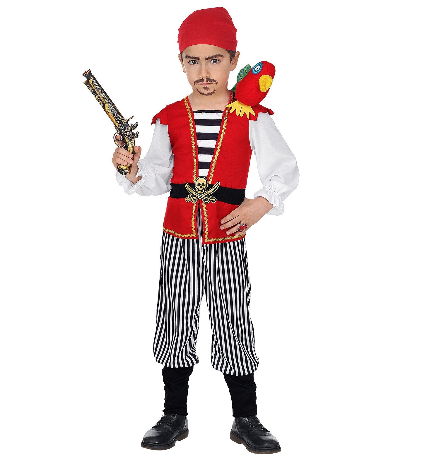 Buntes Piratenkostüm für Kinder mit Hemd, Weste, Gürtel und Papagei auf der Schulter.