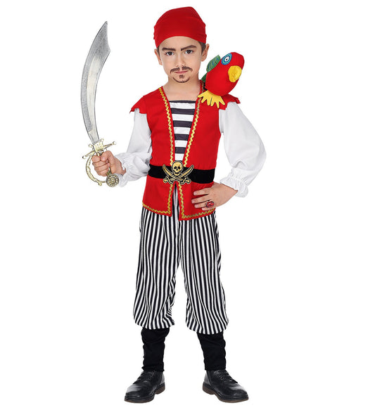 Buntes Kinder Piratenkostüm mit Hemd, Weste, Gürtel und Papagei auf der Schulter.
