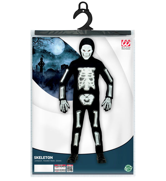 Schwarzer Overall mit weißen 3D-Knochen, Maske und Handschuhe für Kinder-Skelettkostüm.