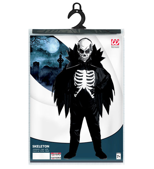 Schwarzes und weißes Skelettkostüm mit Umhang, Halsband und Halbmaske für Kinder.