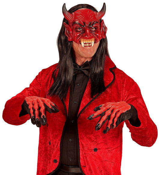 Schwarze Teufelsmaske aus Schaumlatex mit offenen Kinn und handgemalten Details.