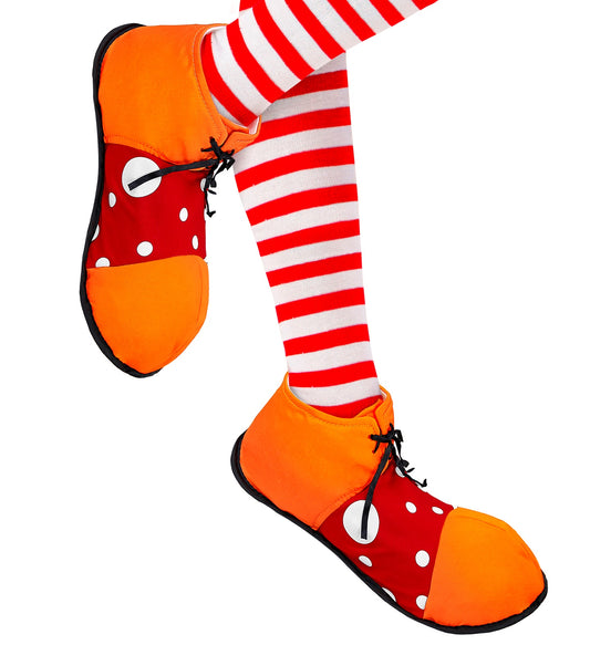 Orange-rote Clown Schuhe aus Kunstleder mit runder Spitze und gummierter Sohle für Erwachsene.