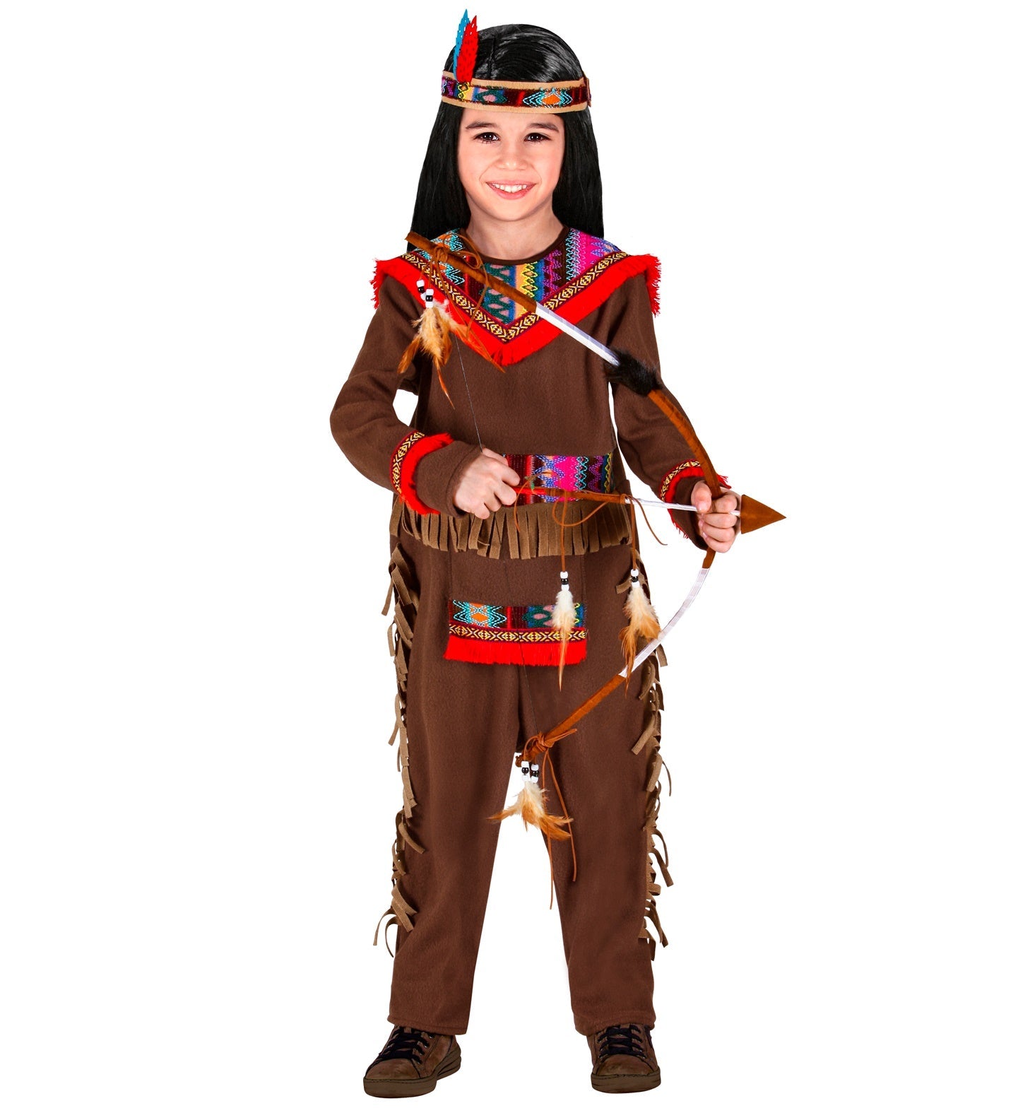 Mädchenkostüm Indianerin mit braunem Kleid und Federn-Stirnband für Fasching und Spielspaß