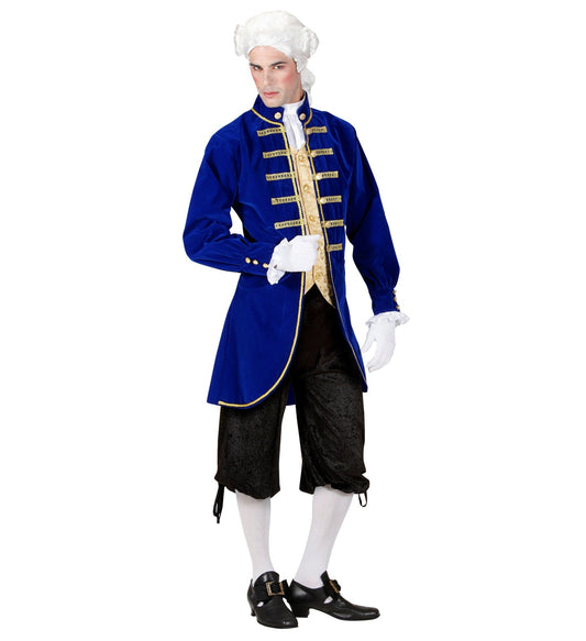 Man in blue velvet 18th-century costume with white wig and black knee breeches.
