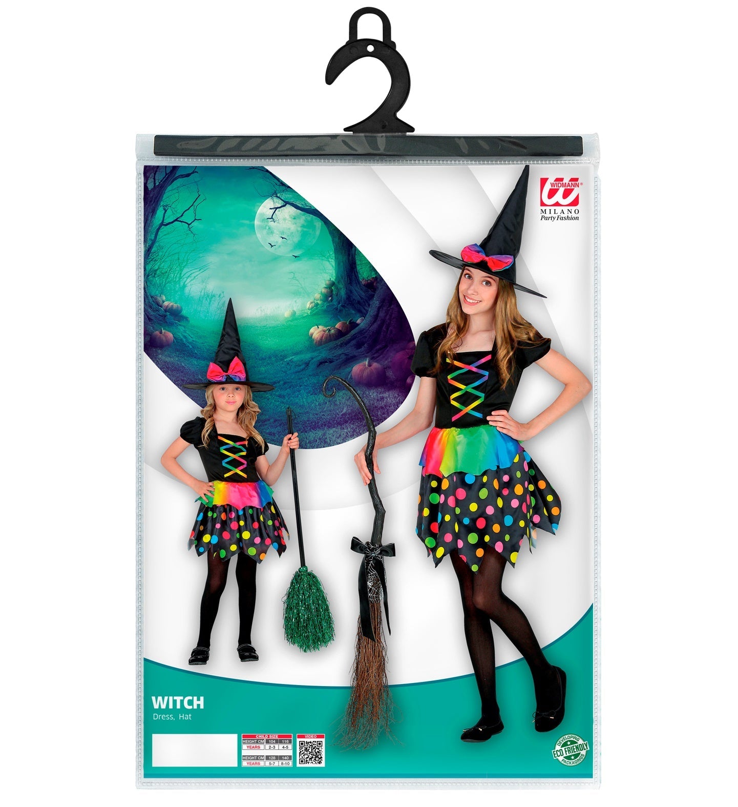 Widmann Hexe Kinderkostüm – Regenbogen Satin Kleid & Konfetti Hut - Fasnacht24.ch