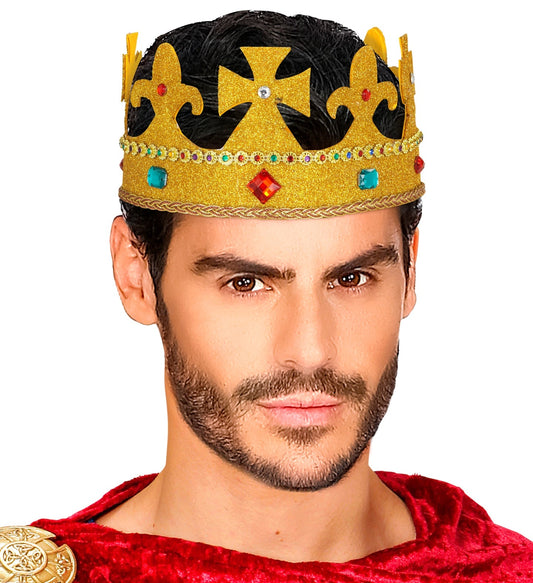 Goldene Königskrone mit Edelsteinen, einstellbar und aus Metall.