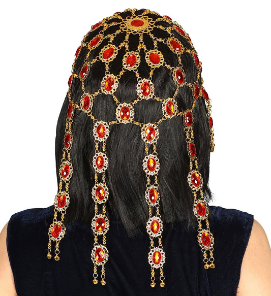 Goldfarbenes Kopfnetz mit roten Rubin-Imitat-Steinen, handgefertigt und elastisch getragen