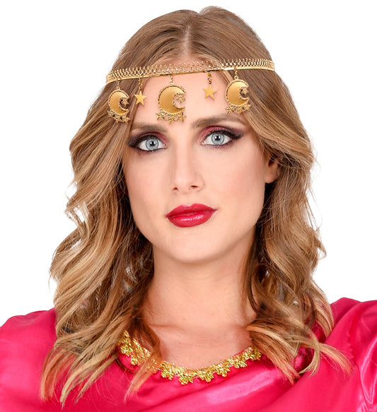 Goldene Tiara mit antiken Münzen im orientalischen Stil auf einem schwarzen Hintergrund