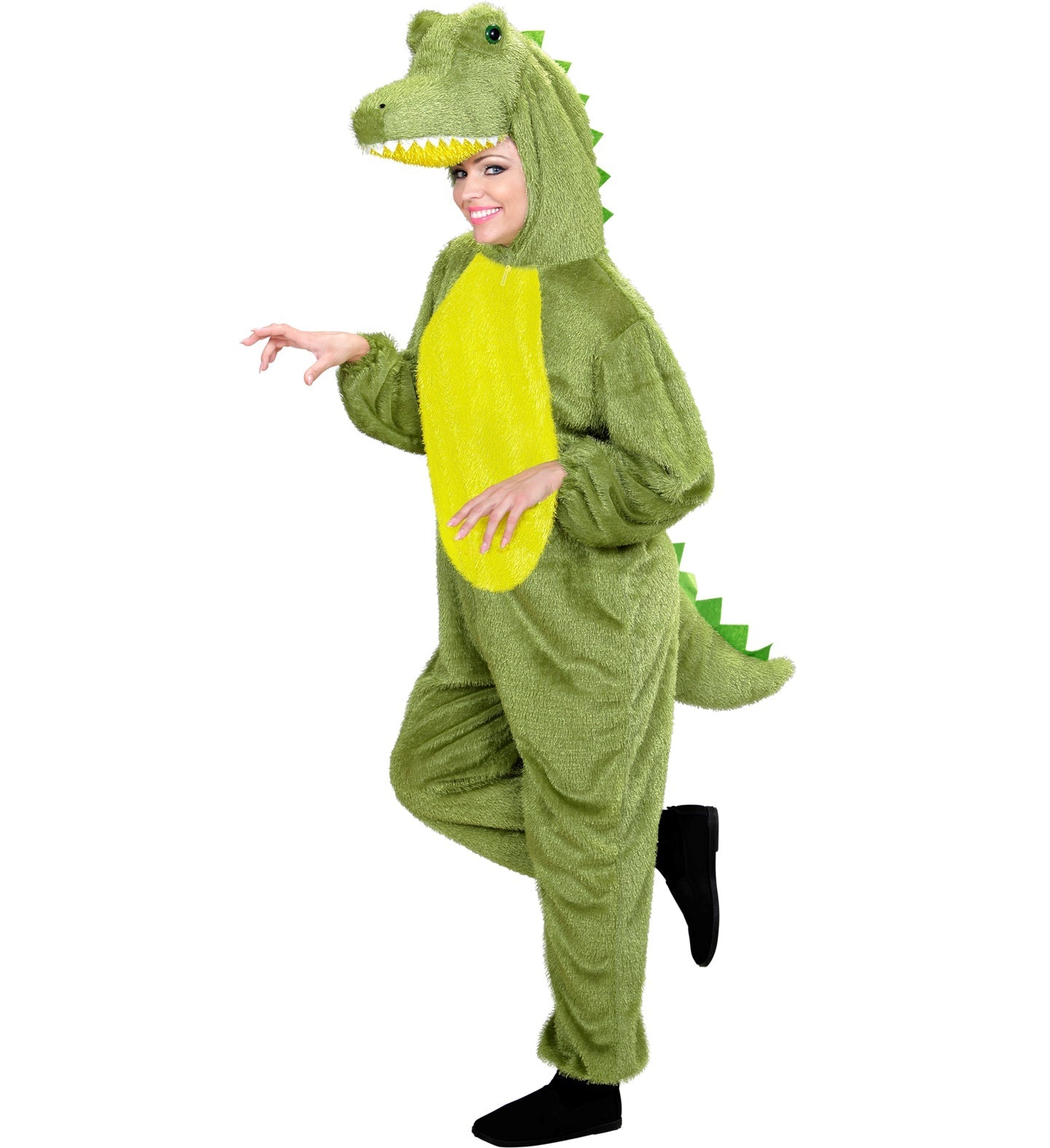 Plüsch-Kostüm in Form eines Krokodils, grün mit Kapuze, für Erwachsene.
