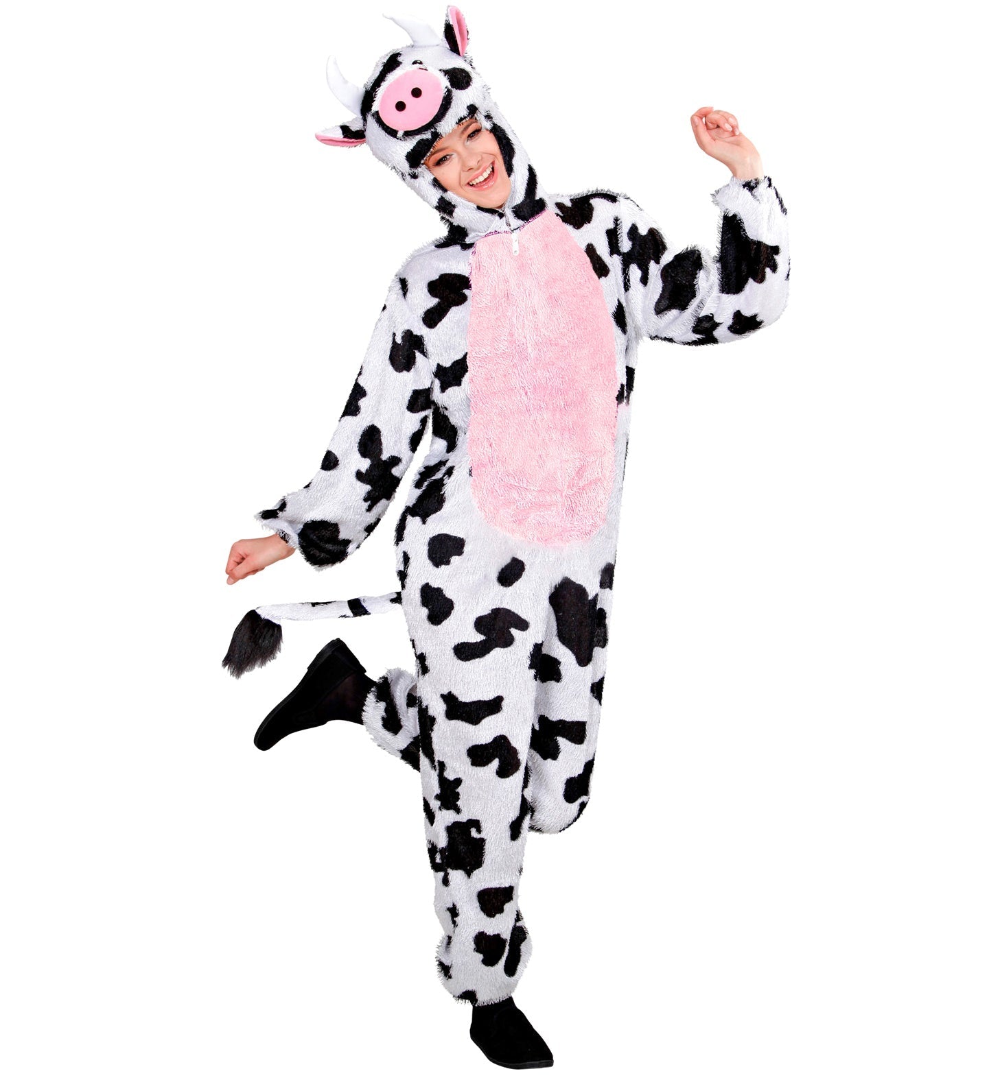 Plüsch Kuhkostüm Overall mit Kapuze, braun-weiß, mit Hörnern und Ohren für Erwachsene