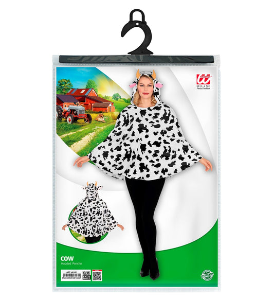 Widmann Kuh Poncho aus kuschelweichem weiß-schwarzem Fleece mit Kapuze und rosa Euterprint