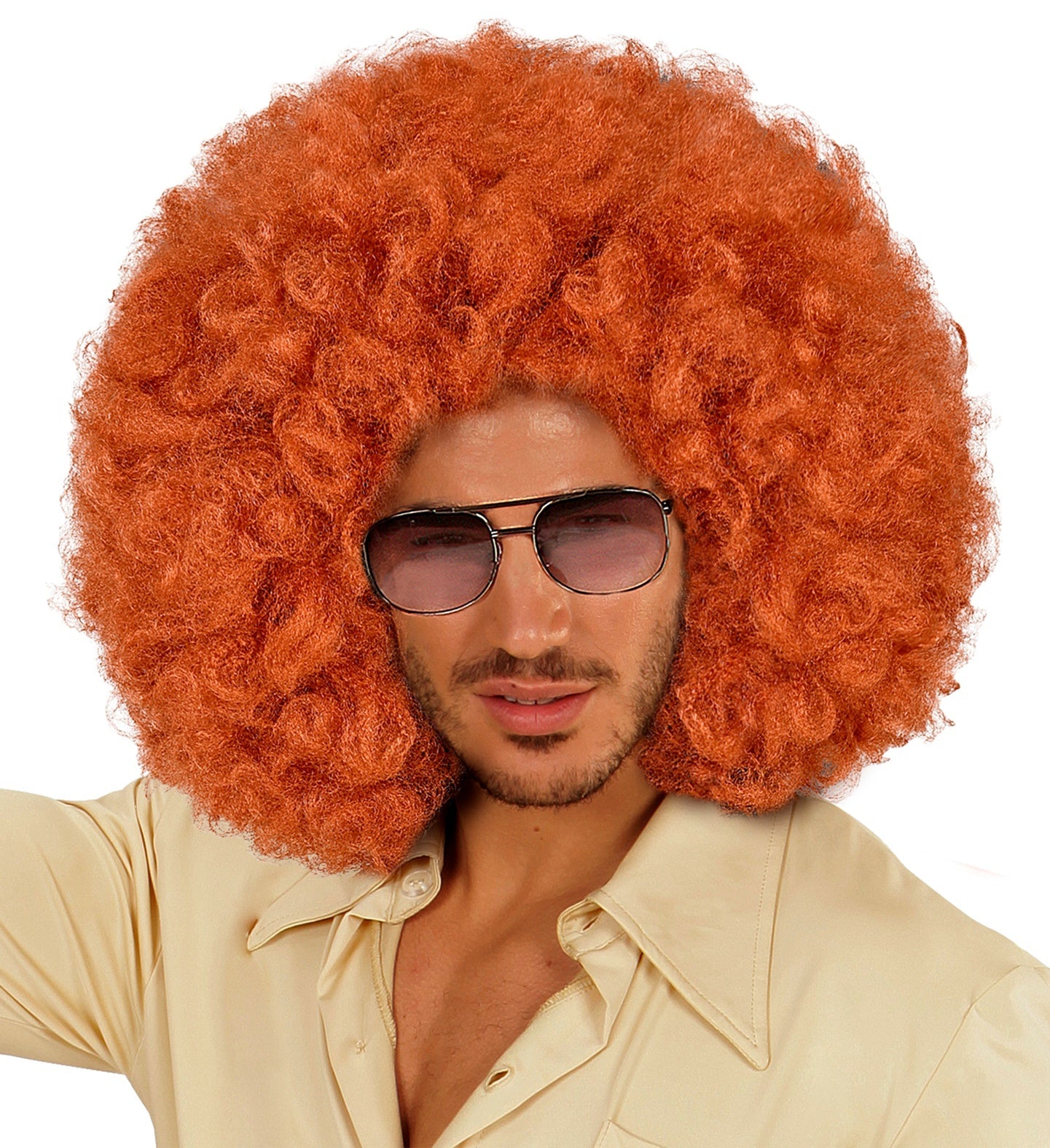 Man wearing a large copper-colored afro wig with sunglasses.