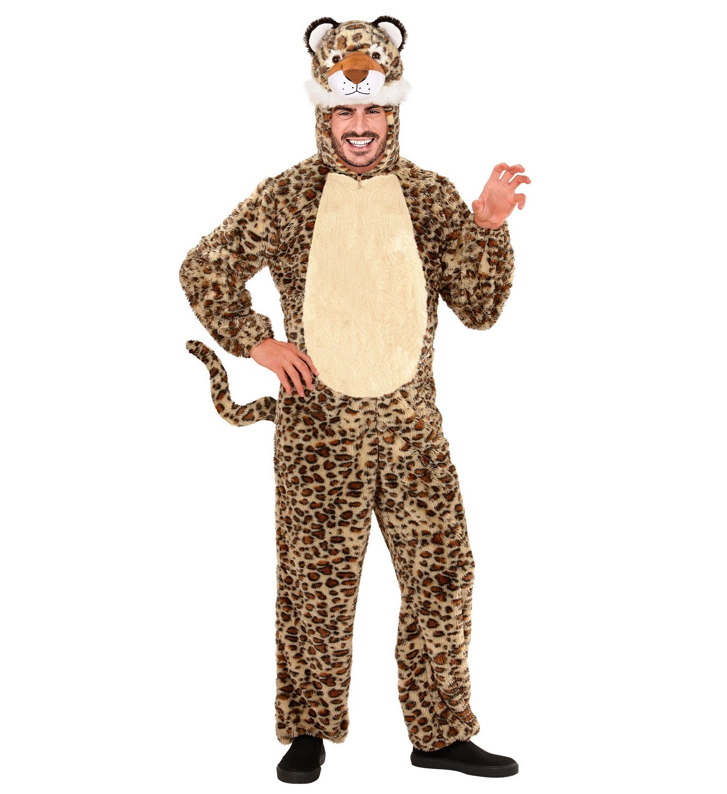 Unisex Leopard Plüschkostüm mit Kapuze und gestickten Augen in warmen Farben.