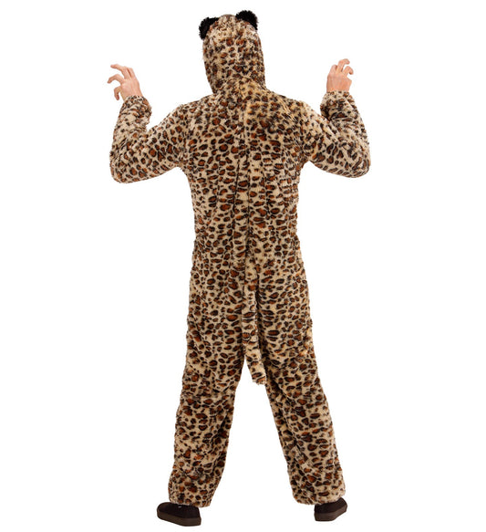 Unisex Leopard Plüschkostüm mit Kapuze, weich und bequem, ideal für Halloween.