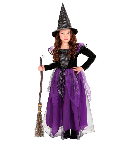 Lila Hexenkleid mit schwarzem Saum und spitzem Hut für Mädchen im Kinderkostüm