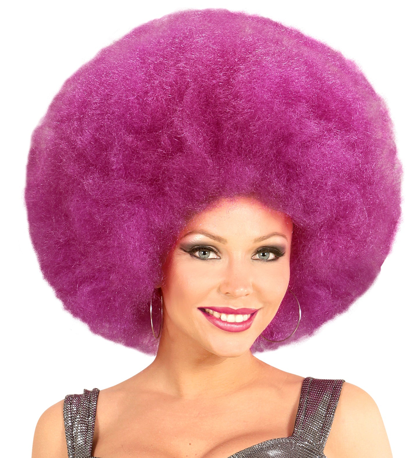 Lila Riesen Afro Perücke mit voluminösen Locken für Karneval und 70er Jahre Motto.