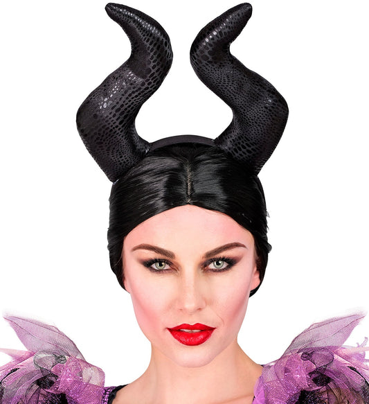 Schwarzes Haarreif mit gebogenen schwarzen Hörnern als Kostümzubehör für Halloween und Cosplay