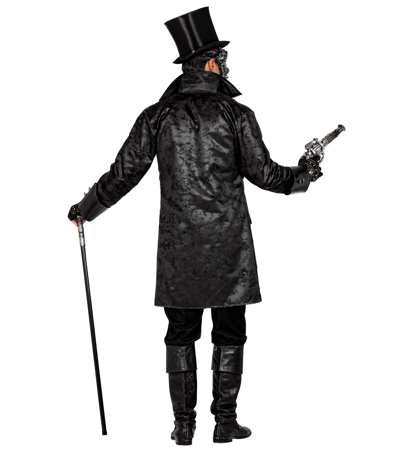 Rear view of a man in a black Victorian coat, top hat, gloves, holding a cane and revolver.