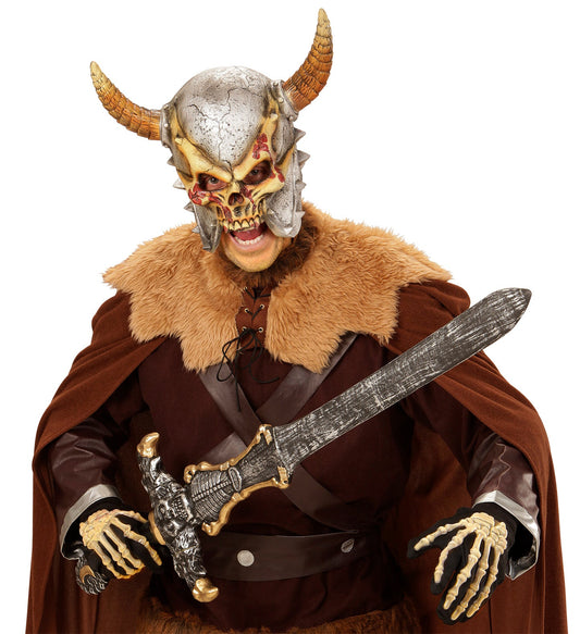 Viking warrior mask with faux leather, fur trim, horns, and sword.