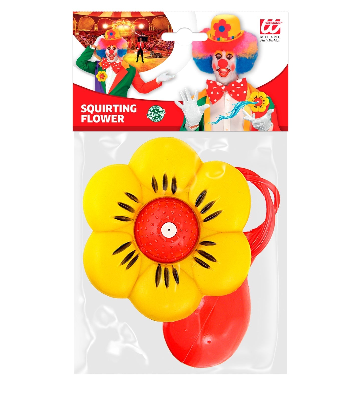Gelbe und rote Clown-Blume mit Wasserpumpe als lustiger Party-Scherzartikel.