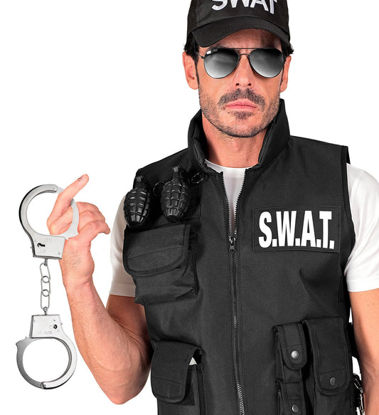 Silberne Metall-Handschellen mit Schlüssel in authentischem Design für Kostüm und Partygebrauch