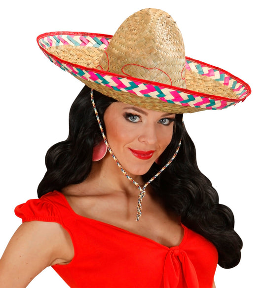 Classic straw Mexican sombrero hat with colorful woven brim for adults, 52cm.