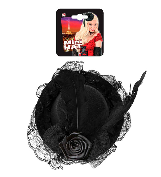 Widmann Mini Hut Schwarz – Rose, Tüll & Federn Elegantes Haaraccessoire - Fasnacht24.ch