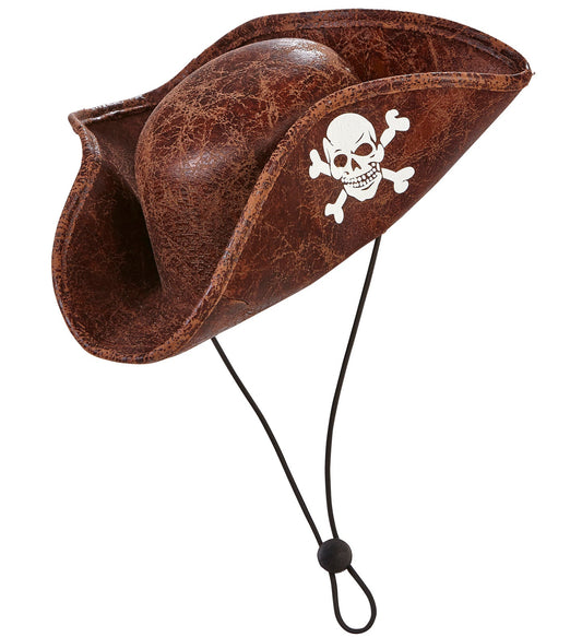Mini pirate tricorne hat in faux leather with skull and crossbones emblem and elastic band.