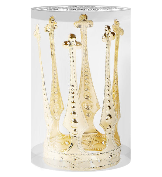 Golden mini crown made of aluminum, displayed in a clear cylindrical case.