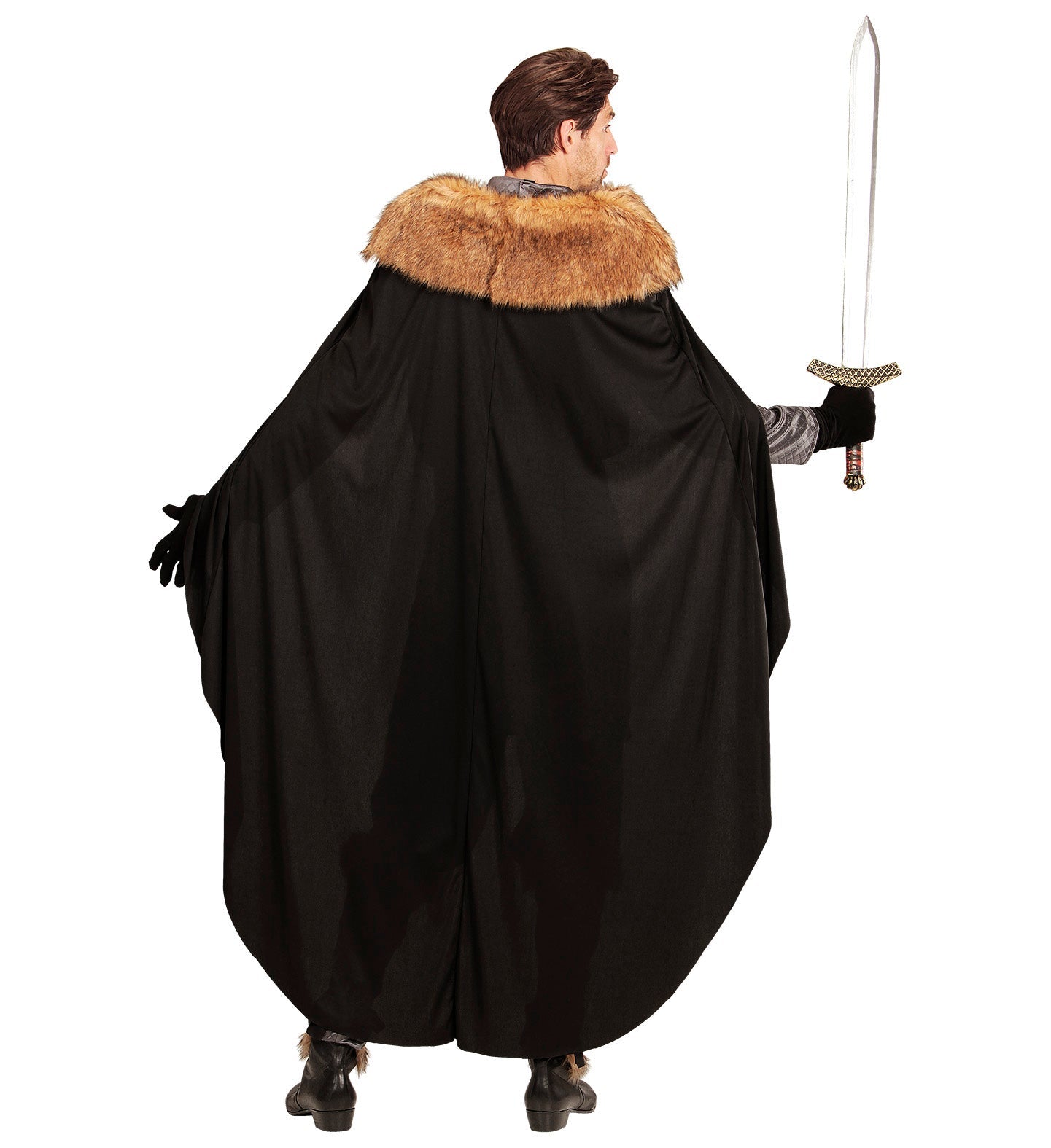 Rear view of a man in a medieval prince costume set with black cape, fur collar, gloves, boots, and sword.