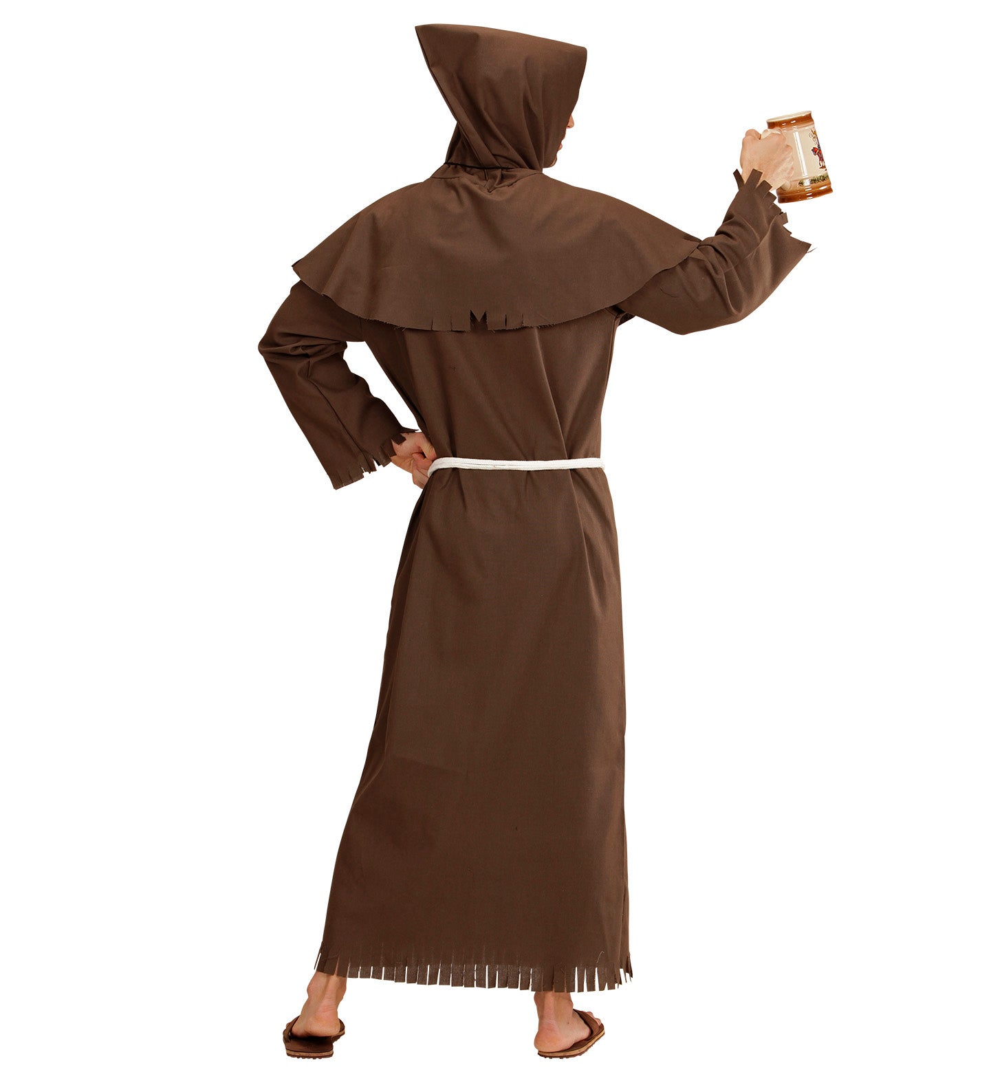 Braunes Mönchsgewand mit Kapuze und Gürtel, von hinten gezeigt.