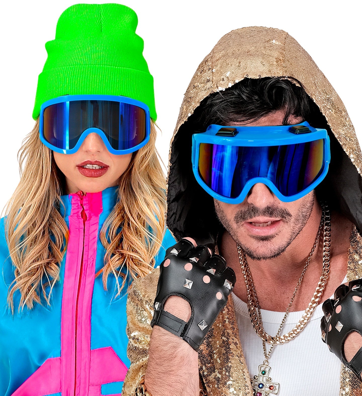 Neonblaue Skibrille im Retro-Stil der 80er Jahre mit UV-Schutz und antibeschlag Beschichtung.