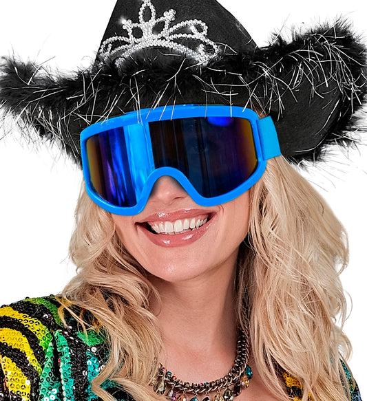 Neonblaue 80er Jahre Skibrille mit UV-Schutz, Antibeschlag und verstellbarem Band