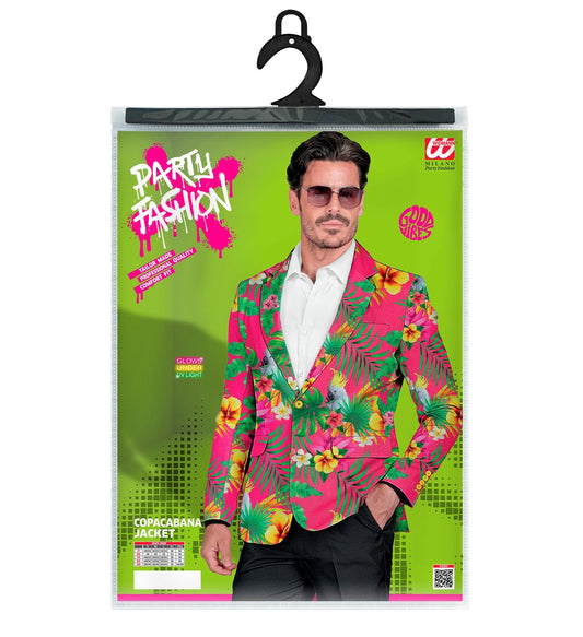 Neon Copacabana party jacket with UV-reactive rainbow floral pattern on a hanger in packaging.