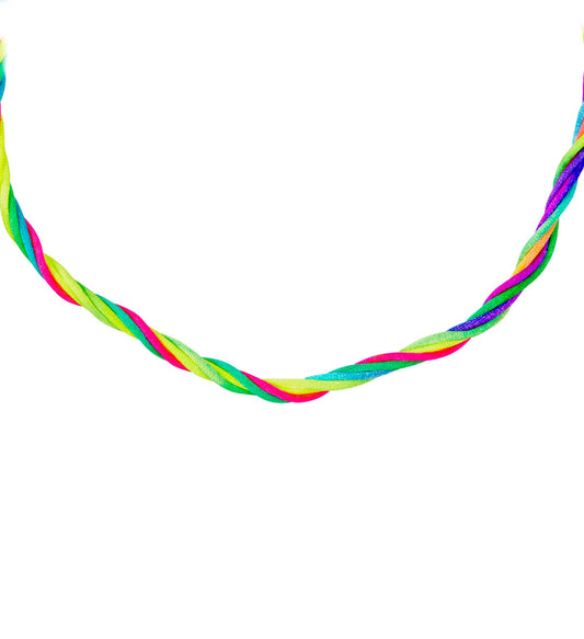 Multi-color neon cord necklace with five twisted strands in pink, lime, orange, yellow, and aqua.