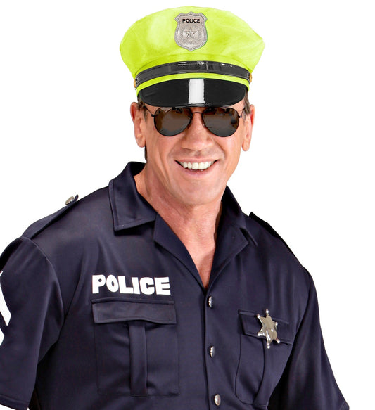 Neon gelbe Polizeimütze mit Visier und elastischem Band für sicheren Sitz.