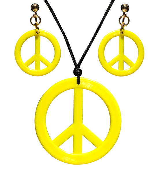 Neon yellow peace sign necklace and earrings set in 70s hippie style.