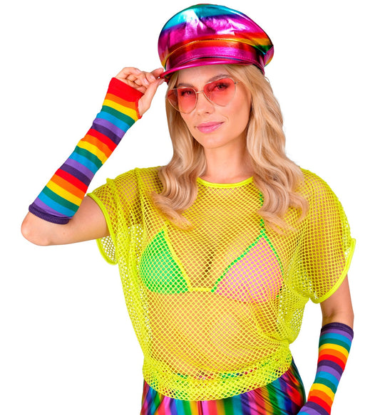 Neon gelbes Netzshirt mit kurzen Ärmeln und neonpinkem Akzent für Festivals.