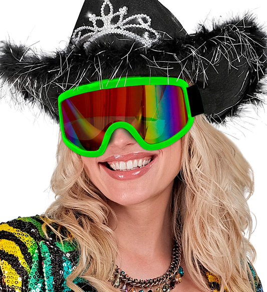 Neon grüne 80er Jahre Skibrille mit UV-sicherer Doppelscheibe und verstellbarem Band