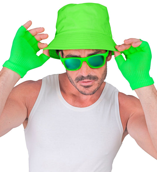 Neon grüne fingerlose Woll-Handschuhe mit Rippbündchen und offenem Fingerspitzen-Design.